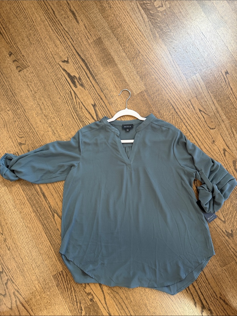 Misia Slate Blue V-Neck Roll-Tab blouse